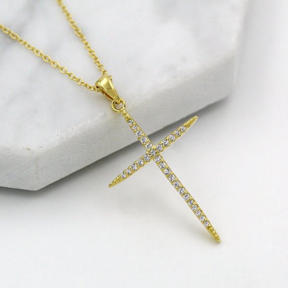 925 Sterling Silver Gold Plated Micro Pave Cross Pendant Necklace Cubic Zirconia - Picture 1 of 3